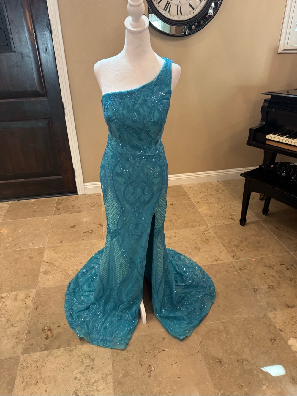 Mori Lee Teal One-Shoulder Beaded and sequin Evening Gown